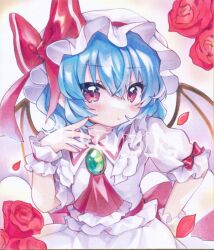  1girl ascot blue_hair bow commentary flower hair_between_eyes hat hat_bow hat_ribbon highres looking_at_viewer mob_cap moni_monico petals puffy_short_sleeves puffy_sleeves red_ascot red_bow red_eyes red_flower red_petals red_ribbon red_rose remilia_scarlet ribbon rose sample_watermark shirt short_hair short_sleeves skirt solo touhou traditional_media upper_body watermark white_hat white_shirt white_skirt 