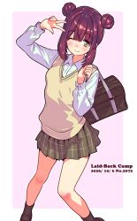  1girl ;) arm_up bag black_socks blue_eyes border brown_hair brown_sweater_vest closed_mouth collared_shirt commentary_request copyright_name dated double_bun dress_shirt feet_out_of_frame fingernails green_eyes grey_skirt hair_between_eyes hair_bun highres holding holding_bag jagi_(jagi_souken) light_blush long_fingernails long_hair long_sleeves looking_at_viewer multicolored_eyes nail_polish one_eye_closed outside_border plaid_clothes plaid_skirt pleated_skirt purple_background red_nails school_bag school_uniform shirt sidelocks skirt smile socks solo standing sweater_vest toki_ayano two-tone_eyes w white_border white_shirt yurucamp 