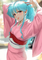  1girl arms_up artist_name blue_hair blurry blurry_background blush botan_(yu_yu_hakusho) closed_mouth commentary cowboy_shot english_commentary eyelashes fingernails highres japanese_clothes kimono layered_clothes light_blush long_hair long_sidelocks long_sleeves looking_at_viewer obi pink_eyes pink_kimono ponytail sash sidelocks smile solo spykeee tongue tongue_out tying_hair untying_hair violet_eyes watermark wide_sleeves yu_yu_hakusho 