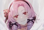  1girl blush closed_mouth commentary_request drill_hair hairband hama_m highres hyakumantenbara_salome long_hair looking_at_viewer nijisanji purple_hair smile solo violet_eyes virtual_youtuber 