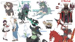  6+girls absurdres apron armor axe black_dress black_hair black_sclera blonde_hair blue_robe bob_cut book breastplate cake colored_sclera colored_skin dress eating eyewear_on_head food fork full_body goggles green_eyes green_skin grey_skin grin hat head_tilt highres holding holding_axe holding_book holding_fork holding_polearm holding_weapon horns horseback_riding index_finger_raised long_hair looking_at_viewer looking_back magic maid maid_apron maid_headdress mask monumenta multiple_girls paper_box pointy_ears polearm riding robe sandals scabbard sheath single_sock sitting skeleton skull_mask smile socks sparkle spear weapon white_robe white_socks witch_hat 