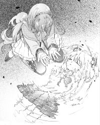  2girls akemi_homura akemi_homura_(magical_girl) bow bowtie closed_eyes closed_mouth commentary_request from_above full_body greyscale hairband highres kaname_madoka long_hair long_sleeves looking_down magical_girl mahou_shoujo_madoka_magica mahou_shoujo_madoka_magica_(anime) mitakihara_school_uniform monochrome multiple_girls nemuri_80 on_ground pantyhose reflection reflective_liquid ripples school_uniform seiza signature sitting skirt twintails 