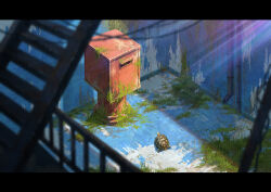  absurdres animal back_alley cable commentary fantasy from_above grass highres no_humans original postbox_(outgoing_mail) scenery stairs sumassha_t_t tortoise turtle 