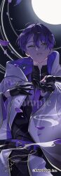  1boy absurdres black_gloves black_kimono commentary company_name copyright_notice falling_petals gloves green_eyes half_gloves haori highres japanese_clothes kenmochi_touya kenmochi_touya_(10th_costume) kimono long_sleeves looking_at_viewer male_focus nijisanji offering_hand parted_lips petals purple_hair purple_haori purple_petals sample_watermark short_hair solo sumi_(n29250) virtual_youtuber watermark white_haori wide_sleeves 