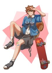 1girl 2026 absurdres animal_ears arm_behind_back artist_name ayunda_risu ayunda_risu_(riscool) background_request bandaid bandaid_on_cheek bandaid_on_face bandaid_on_knee bandaid_on_leg black_shoes black_shorts brown_hair covering_head english_commentary fiyaa_(pakkoshii) full_body green_eyes headset highres hololive hololive_indonesia making-of_available open_mouth partially_shaded_face shoes short_hair shorts skateboard smile socks solo squirrel_ears squirrel_girl squirrel_tail star_(symbol) tail very_short_hair virtual_youtuber white_socks 