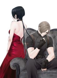  1boy 1girl absurdres ada_wong back bare_shoulders belt belt_buckle black_gloves black_hair black_scarf black_shirt breasts brown_hair buckle chest_harness commentary couch dress english_commentary feet_out_of_frame fingerless_gloves fizzalys gloves hand_on_own_arm harness highres leon_s._kennedy medium_breasts on_couch pants red_dress red_lips resident_evil resident_evil_4 scarf shirt short_hair short_sleeves signature sitting white_background 