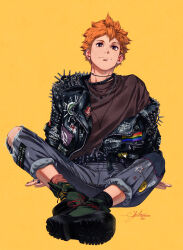  1boy alternate_costume arm_support barbell_piercing belt black_belt black_jacket black_shoes brown_eyes brown_shirt closed_mouth commentary denim ear_piercing earrings eyebrow_piercing face_piercing full_body haikyuu!! highres hinata_shouyou industrial_piercing jacket jeans jewelry leather leather_jacket littleskrib looking_at_viewer male_focus multiple_necklaces necklace orange_hair pants piercing shirt shoe_soles shoes sitting solo spiked_jacket straight-on t-shirt torn_clothes torn_pants yellow_background 