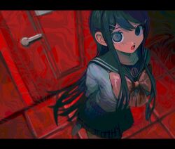  0_mugamuchu 1girl blue_eyes blue_hair blue_sailor_collar bow bowtie cowboy_shot danganronpa:_trigger_happy_havoc danganronpa_(series) door empty_eyes hair_ornament hairclip indoors letterboxed long_hair long_sleeves looking_at_viewer maizono_sayaka open_mouth pink_bow pink_bowtie pleated_skirt sailor_collar school_uniform skirt smile solo tile_floor tiles 