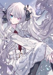  1girl 25-ji_miku aqua_nails belt belt_buckle black_bow black_pantyhose blue_eyes blurry blurry_background bow buckle center_frills collared_shirt commentary dot_nose expressionless floating_hair frilled_shirt frills from_side gear_print grey_belt grey_hair grey_skirt hair_between_eyes hair_bow hatsune_miku heterochromia highres kinosusuki knees_up long_hair long_sleeves looking_at_viewer nail_polish necktie pantyhose parted_lips pink_eyes print_skirt project_sekai red_necktie roman_numeral shirt sidelocks sitting skirt sleeves_past_wrists solo striped_bow suspender_skirt suspenders truss turning_head twintails very_long_hair vocaloid white_shirt 