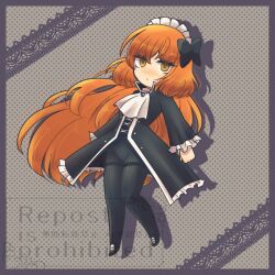  1girl 793_(oo793oo) ascot black_boots black_bow black_coat black_pants boots bow closed_mouth coat commentary_request cosplay frilled_coat frilled_sleeves frills green_eyes hair_bow ishmael_(project_moon) library_of_ruina limbus_company long_hair looking_at_viewer orange_hair pamela_(project_moon) pamela_(project_moon)_(cosplay) pants project_moon sidelocks solo very_long_hair white_ascot 