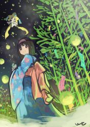  1girl 1other bamboo bamboo_forest black_hair blue_kimono commentary_request e-co erika_(pokemon) floating forest full_body highres holding holding_poke_ball japanese_clothes jirachi kimono long_sleeves looking_at_viewer medium_hair moon_ball nature night open_mouth poke_ball pokemon pokemon_(creature) pokemon_firered_and_leafgreen pokemon_gold/silver/crystal signature smile tanabata wide_sleeves 