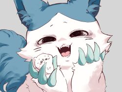  2others cat chibikemo chiikawa chiikawa_(character) claws commentary_request furry grey_background hachiware_(chiikawa) hachiware_(chimera)_(chiikawa) hand_on_own_cheek hand_on_own_face highres in_palm looking_at_viewer multiple_others pipapo0219 simple_background upper_body 
