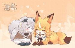  ^_^ animal animal_focus animal_with_hair animalization black_bow black_bowtie blush bow bowtie cat closed_eyes commentary_request facing_another flower grey_cat grey_hair hair_flower hair_ornament hololive multicolored_hair nako_(user_wnnm5534) no_humans open_mouth orange_cat orange_hair shiranui_flare shirogane_noel streaked_hair white_flower white_streaks 