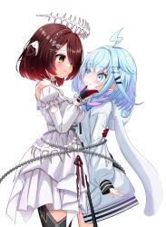  2girls :3 ahoge animal_hood blue_bow blue_eyes blue_hair blunt_bangs bone_halo bound_together bow brown_hair chain chained closed_mouth commentary_request detached_sleeves drawstring dress facing_another fish_skeleton_hair_ornament from_side gradient_hair hair_bow hair_ornament hairclip hand_on_another's_chin highres hololive hololive_dev_is hood hood_down hooded_jacket hug jacket juliet_sleeves lightning_ahoge long_dress long_sleeves looking_at_another mechanical_hands mechanical_legs mizumiya_su mizumiya_su_(1st_costume) multicolored_hair multiple_girls official_alternate_costume official_alternate_hairstyle parallel_hairclips pink_streaks pom_pom_(clothes) puffy_sleeves rabbit_hood raised_inner_eyebrows red_hair roboco-san roboco-san_(13th_costume) short_hair simple_background streaked_hair suzuutsusu swept_bangs two-tone_hair virtual_youtuber wavy_mouth white_background white_dress white_jacket x_hair_ornament yellow_eyes yuri 