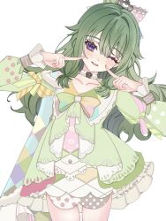  1girl blush bow collarbone commentary cowboy_shot dress fingers_to_cheeks frills fur_choker green_dress green_hair hair_between_eyes hair_bow hair_flaps hands_up head_tilt highres hito_tsumugi_royal_circus_(project_sekai) index_fingers_raised kusanagi_nene long_hair long_sidelocks long_sleeves looking_at_viewer low-tied_sidelocks multicolored_bow official_alternate_color official_alternate_costume one_eye_closed parted_lips project_sekai rea_0523 side_cape sidelocks simple_background smile solo violet_eyes wavy_hair white_background 