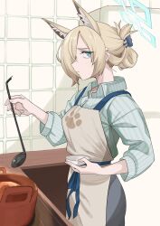  1girl absurdres animal_ear_fluff animal_ears apron blonde_hair blue_archive blue_eyes blue_halo bowl brown_apron camel8rear collared_shirt commentary cooking_pot counter cowboy_shot dog_ears dog_girl extra_ears from_side green_shirt grey_skirt hair_over_one_eye halo highres holding holding_bowl holding_ladle indoors kanna_(blue_archive) kitchen ladle looking_at_viewer open_collar paw_print revision shirt sideways_glance skirt solo striped_clothes striped_shirt tile_wall tiles untranslatable_commentary updo 
