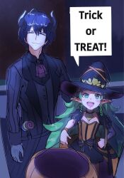  ascot blue_hair braid butler candy capnchreest coat demon_boy demon_horns detached_collar dragon_girl dress english_text fire_emblem fire_emblem:_three_houses fire_emblem_heroes food gloves grandmother_and_grandson green_hair halloween halloween_costume hat highres horns lollipop long_hair looking_at_viewer male_byleth_(fire_emblem) open_mouth pointy_ears smile sothis_(fire_emblem) speech_bubble striped_clothes striped_coat striped_dress trick_or_treat twin_braids vest waistcoat white_gloves witch witch_hat wrist_cuffs 