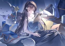  1girl absurdres artist_request black_hair blue_bow blue_shirt book bow box cactus chinese_commentary closed_mouth collarbone commentary_request commission crossed_bangs curtains desk desk_lamp feet_out_of_frame gift gift_box hair_between_eyes hand_up hat highres holding holding_paper indoors kagura_hikari knees_up lamp long_hair looking_at_object mr._white_(revue_starlight) night on_bed open_box paper party_hat pillow plant potted_plant reading red_bow red_ribbon ribbon second-party_source shirt shoujo_kageki_revue_starlight sitting sleeveless sleeveless_shirt smile solo sparkle_hair_ornament star-shaped_pillow star_(symbol) stuffed_animal stuffed_toy teddy_bear under_covers very_long_hair white_trim window 