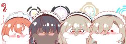 >_< :d afterimage akane_(blue_archive) asuna_(blue_archive) asymmetrical_bangs black-framed_eyewear black_hair blank_eyes blue_archive blush brown_hair chibi cleaning_&amp;_clearing_(blue_archive) closed_eyes commentary_request dark_skin eyes_visible_through_hair flying_sweatdrops glasses hair_over_eyes hair_over_one_eye halo highres karin_(blue_archive) kurukurumagical long_hair maid_headdress neru_(blue_archive) orange_hair simple_background smile translation_request v-shaped_eyebrows v-shaped_eyes very_long_hair white_background xd yellow_eyes 
