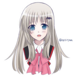  1girl :d bat_hair_ornament blue_eyes blush bow bowtie collared_shirt commentary_request cropped_torso fang grey_hair hair_ornament highres little_busters! little_busters!_school_uniform long_hair noumi_kudryavka open_mouth pink_bow pink_bowtie portrait sai_(aysityan) school_uniform shirt simple_background smile solo straight_hair twitter_username weapon white_background 