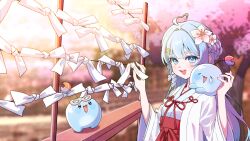  1girl ahoge arahashi_tabi blue_eyes blue_hair blurry blurry_background braid cherry_blossoms commentary_request flower hair_flower hair_ornament hairclip hakama hakama_skirt heart heart_ahoge highres japanese_clothes jjellybomb kimono korean_commentary long_hair miko open_mouth outdoors parallel_hairclips pungdangi_(arahashi_tabi) red_skirt skirt stellive tree upper_body virtual_youtuber white_kimono wide_sleeves 