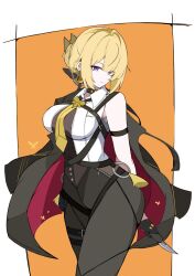  1girl azuki_pii black_gloves black_jacket black_pants blonde_hair breasts chest_harness closed_mouth collared_shirt commentary_request cowboy_shot evelyn_chevalier gloves harness high-waist_pants highres holding holding_knife jacket jacket_on_shoulders knife large_breasts latex latex_pants long_hair looking_at_viewer mole mole_under_eye necktie pants shirt solo tight_clothes tight_pants uneven_bangs violet_eyes white_shirt yellow_necktie zenless_zone_zero 