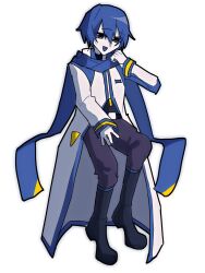  1boy adjusting_scarf belt black_belt black_boots blue_eyes blue_hair blue_pants blue_scarf boots chiori_(_chio_ri) coat commentary_request highres kaito_(vocaloid) looking_at_viewer male_focus open_mouth pants scarf short_hair signature simple_background smile solo vocaloid white_background white_coat 