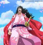  1boy black_hair cape clenched_hand clouds deviantart_username falling_petals holding holding_weapon japanese_clothes jmc katana long_hair momonosuke_(one_piece) moon_(symbol) one_piece open_mouth petals sky solo sword traditional_clothes weapon web_address 