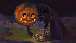  animal_crossing animal_crossing:_new_horizons bone building candy chiaroscuro coco_(animal_crossing) dim_lighting food giant glowing glowing_eyes halloween highres house jack-o'-lantern jack_(animal_crossing) mountainous_horizon night no_humans outdoors outstretched_arms painterly pumpkin_head rabbit rabbit_girl river skeleton sproutson tree wrapped_candy 
