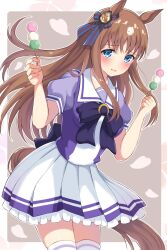  1girl :d animal_ears blue_bow blue_eyes bow bowtie brown_background brown_hair commentary_request cowboy_shot crouching_start dango ear_bow falling_petals food grass_wonder_(umamusume) highres holding holding_skewer horse_ears horse_girl horse_tail leaning_forward long_hair looking_at_viewer petals pink_petals pleated_skirt puffy_short_sleeves puffy_sleeves purple_bow purple_bowtie purple_shirt purple_skirt sanshoku_dango school_uniform shirt short_sleeves skewer skirt smile solo tail thigh-highs tracen_school_uniform umamusume wagashi white_skirt white_thighhighs 