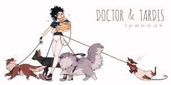 1girl animal animalization black_hair brown_eyes cat character_name chinese_commentary closed_mouth commentary_request doctor_who dog eleventh_doctor_(doctor_who) english_text full_body highres holding holding_animal holding_cat holding_leash juanmao leash leggings medium_hair ninth_doctor_(doctor_who) personification pet_walking shirt shoes short_sleeves simple_background t-shirt tardis tenth_doctor_(doctor_who) the_doctor_(doctor_who) thirteenth_doctor_(doctor_who) twelfth_doctor_(doctor_who) walking white_background white_leggings 