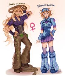  2girls beanie beard belt belt_buckle blonde_hair blue_eyes blue_hat blue_hoodie blue_leg_warmers blue_lips blue_nails blue_shoes boots braid brown_hat brown_pants brown_shoes buckle chaps character_name charlizerie commentary cowboy_boots cowboy_hat cowboy_western english_commentary facial_hair fully_genderswapped_group genderswap genderswap_(mtf) gold_teeth green_eyes green_lips grey_belt gyro_zeppeli hand_on_own_hip hat heart_ornament highres holster hood hood_down hoodie horseshoe_hat_ornament horseshoe_ornament johnny_joestar jojo_no_kimyou_na_bouken leg_warmers leotard lipstick long_hair looking_at_viewer makeup medium_hair multiple_girls pants purple_leotard purple_shirt purple_skirt purple_thighhighs shirt shoes short_hair short_sleeves skirt smile stand_(jojo) star_(symbol) star_print steel_ball_run tail thigh-highs venus_symbol 