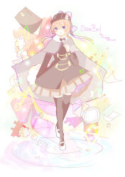  1girl absurdres black_bow black_bowtie black_thighhighs blonde_hair book bow bowtie cape closed_mouth commentary deerstalker detec_bell detective english_text grey_cape grey_skirt hat highres magical_girl mahou_shoujo_ikusei_keikaku mahou_shoujo_ikusei_keikaku_restart medium_hair paper pleated_skirt ria_(917_ria) shoes skirt smile thigh-highs white_bow white_shoes 