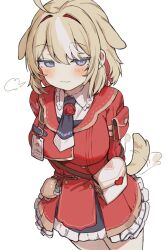  1girl :3 ahoge animal_ears arms_behind_back bag bell black_necktie blonde_hair blue_eyes blush commentary dress goat_ears goat_horns goat_tail half-closed_eyes highres hololive horns id_card looking_at_viewer necktie orobou pouch red_dress simple_background smile solo suzuna_tsuzuri tail tail_wagging untranslatable_commentary wax_seal white_background 