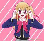  1girl adjusting_eyewear bespectacled black_vest blonde_hair blue_jacket blush bow bowtie collared_shirt commentary cropped_jacket glasses grey_skirt highres hoshino_ruby jacket long_hair long_sleeves one_side_up open_mouth oshi_no_ko pink_bow pink_bowtie pink_eyes school_uniform semi-rimless_eyewear shirt sidelocks skirt solo star-shaped_pupils star_(symbol) symbol-shaped_pupils taro_taro117 teeth twitter_username under-rim_eyewear vest white_shirt youtou_high_school_uniform 