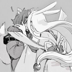  2girls ahoge animal_ears cho_kaguya-hime! commentary fox_ears fox_girl fox_tail greyscale harurushi highres japanese_clothes kaguya_(cho_kaguya-hime!) kaguya_(tsukuyomi)_(cho_kaguya-hime!) kimono kiss long_hair monochrome multiple_girls rabbit_ears rabbit_girl sakayori_iroha sakayori_iroha_(tsukuyomi) short_hair tail untranslatable_commentary yuri 