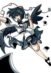  1girl :d absurdres arm_out_of_frame belt bird_wings black_belt black_bow black_bowtie black_hair black_shoes black_wings bow bowtie breasts buttons camera collared_shirt commentary dot_nose hat highres holding holding_camera knee_up looking_at_viewer miniskirt open_mouth photo_(object) pom_pom_(clothes) puffy_short_sleeves puffy_sleeves red_eyes red_hat ribbon-trimmed_skirt ribbon_trim shameimaru_aya shirt shoes short_hair short_sleeves simple_background skirt small_breasts smile socks solo sulky_(pixiv_115559301) teeth tokin_hat touhou upper_teeth_only white_background white_shirt white_socks wings 