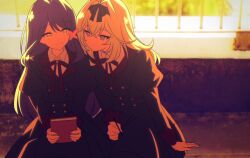  2girls absurdres black_bow black_hairband black_jacket black_ribbon black_skirt blonde_hair blue_hair book bow buttons closed_mouth collared_shirt crossed_bangs eye_contact flower hair_between_eyes hair_bow hair_flower hair_intakes hair_ornament hairband heads_together high-waist_skirt highres holding holding_book holding_notebook holding_pen howa_kurea jacket juliet_sleeves long_hair long_sleeves looking_at_another meitantei_precure! moria_luluka multiple_girls neck_ribbon notebook outdoors pen precure puffy_sleeves purple_hair reiei_8 ribbon school_uniform shirt side-by-side sitting skirt smile violet_eyes white_shirt yellow_eyes yuri 