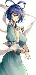  1girl absurdres belt black_belt blue_dress blue_eyes blue_hair bracelet breasts collared_dress commentary cowboy_shot dress from_side gold_bracelet hagoromo hair_between_eyes hair_rings hand_up head_tilt highres jewelry kaku_seiga large_breasts looking_at_viewer open_clothes open_vest parted_lips puffy_short_sleeves puffy_sleeves shawl short_hair short_sleeves simple_background smile solo standing sulky_(pixiv_115559301) touhou vest white_background white_vest 