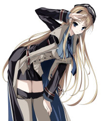  absurdres baldr_(series) baldr_sky black_coat black_hat blonde_hair blue_eyes blue_necktie blue_shirt blush breasts brown_thighhighs clothing_request coat cowboy_shot dark_coat hand_on_own_thigh hat highres kasukasugom1 kirishima_rain leaning_forward leaning_to_the_side long_hair medium_breasts necktie salute shirt smile thigh-highs very_long_hair 