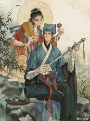  1boy 1girl absurdres all_wishes_come_true! alternate_hairstyle arm_wrap black_hair black_pants blue_hanfu blue_hat blue_shawl bracelet breasts chinese_clothes chinese_commentary closed_eyes closed_mouth coat commentary_request cup dress flower genderswap genderswap_(mtf) grass hair_bun hair_ornament hair_pulled_back half_updo hand_fan hanfu hat hetero highres holding holding_fan holding_flower holding_sword holding_towel holding_weapon jewelry layered_sleeves leaf leaf_fan leaf_hair_ornament long_sleeves looking_at_another lu_dongbin_(all_wishes_come_true!) male_focus medium_breasts multiple_boys necklace on_rock open_clothes open_coat outdoors palm_leaf_fan pants parted_lips qiuming red_coat red_flower red_sash robe sash shawl sidelocks single_hair_bun sitting smile sun sword sword_tassel tassel teacup teapot towel tray updo watermark weapon weapon_tassel weibo_watermark wide_sleeves yellow_dress zhongli_quan_(all_wishes_come_true!) 