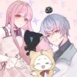  1boy 1girl aegyo_sal ahoge animal black_cat black_shirt blazer bloom_poetry_(shining_nikki) bow bowtie brown_eyes cat chinese_commentary cloak closed_mouth clothed_animal clothes_writing collared_jacket collared_shirt commentary_request contrast_lapels cowboy_shot cross-laced_clothes cross-laced_dress crossover dress dress_ribbon ear_covers eyelashes eyes_visible_through_hair frilled_shirt_collar frilled_sleeves frills grey_hair hair_between_eyes half-closed_eye happy high_collar highres hood hood_up hooded_cloak jacket lanshang91621 lapels light_particles lips long_hair long_sidelocks long_sleeves luo_xiaohei luo_xiaohei_(cat) messy_hair modric_(shining_nikki) momo_(nikki) nikki_(nikki) nikki_(series) notched_lapels one_eye_closed open_clothes open_jacket pawpads pinafore_dress pink_background pink_dress pink_hair plaid_clothes plaid_dress pleated_dress red_bow red_bowtie red_ribbon ribbon shining_nikki shirt short_hair sidelocks sleeveless sleeveless_dress sleeves_past_wrists smile snowflake_necklace sparkle strap the_legend_of_luo_xiaohei traditional_bowtie turtleneck turtleneck_shirt upper_body very_long_hair violet_eyes whiskers white_cat white_jacket white_shirt yellow_cloak 