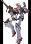  absurdres beam_rifle clenched_hand commentary energy_gun floating full_body green_eyes gun gundam highres holding holding_gun holding_weapon mecha mobile_suit no_humans pillarboxed robot science_fiction solo takahashi_masaki v-fin v_gundam victory_gundam weapon 