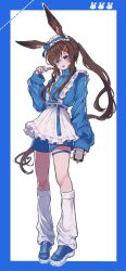 1girl amiya_(arknights) animal_ears apron arknights ayahito_(aya10n) blue_border blue_eyes blue_hairband blue_jacket blue_nails blue_shoes blue_shorts border brown_hair clipboard frilled_apron frilled_hairband frills full_body hair_between_eyes hairband hand_up highres holding holding_clipboard holding_pen jacket jersey_maid leg_warmers long_hair long_sleeves looking_at_viewer maid nail_polish outside_border pen rabbit_ears rabbit_girl shoes shorts simple_background smile sneakers solo standing unconventional_maid white_apron white_background 