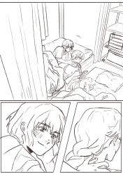  2girls bandage_on_leg bedroom braid cellphone commentary english_commentary freckles greyscale hand_on_another's_neck highres holding holding_phone indoors lara_(sayonara_lara) long_hair luca_gamut monochrome multiple_girls ootsu_mari phone sayonara_lara shirt short_hair single_braid smartphone smile under_covers yuri 