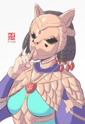  1girl artist_logo black_hair capelet cat_mask commentary_request dated dress finger_to_mouth fire_emblem fire_emblem:_fortune's_weave green_dress hair_ornament jewelry logo mask necklace orchel_(fire_emblem) purple_capelet shushing signature solo tassel tassel_hair_ornament tetsu_no_samurai watermark white_background 