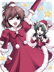  1boy 1girl :d ;d arle_nadja arle_nadja_(santa) arm_up belt belt_buckle black_belt black_gloves border bow bowtie brown_eyes brown_hair buckle christmas clenched_hand commentary curtained_hair demon_boy demon_horns drawstring dress exhausted fur-trimmed_dress fur-trimmed_gloves fur-trimmed_headwear fur_trim gloves green_hair hair_ornament hand_up hat high_ponytail highres holding holding_sack holly_hair_ornament horns long_hair long_sleeves looking_at_viewer one_eye_closed open_mouth outside_border pointy_ears ponytail puyopuyo puyopuyo_quest red_bow red_bowtie red_dress red_eyes red_gloves red_hat sack santa_costume santa_dress santa_hat satan_(puyopuyo) satan_(santa)_(puyopuyo) short_hair short_sleeves smile standing star_(symbol) sweat unipy_708 white_border yellow_horns zoom_layer 