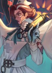  1girl angryfrogg apron armband brown_hair buttons cape collared_cape commentary deadlock_(game) english_commentary glasses gloves green_gloves green_ribbon green_shirt hair_bun hat high_collar highres holding holding_syringe holding_syringe_gun iv_stand looking_at_viewer makeup multicolored_hair neck_ribbon nurse nurse_cap nurse_harrow_(deadlock) orange_eyes parted_hair red_armband ribbon semi-rimless_eyewear shirt short_hair side_part solo streaked_hair syringe syringe_gun under-rim_eyewear white_apron white_cape white_hat white_streaks 