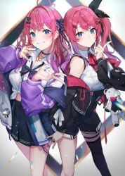  2girls ahoge alicecoco aqua_nails asymmetrical_legwear barbell_piercing black_bow black_bowtie black_jacket black_shorts black_skirt black_thighhighs blue_eyes blue_nails blush bow bowtie braid breasts collared_shirt commentary_request cropped_jacket dual_persona ear_piercing earrings front-tie_top gradient_hair grin gyaru hair_ornament hair_scrunchie hairclip highres index_finger_raised industrial_piercing jacket jacket_partially_removed jewelry kuramochi_meruto kuramochi_meruto_(1st_costume) kuramochi_meruto_(school_uniform) long_hair long_sleeves looking_at_viewer midriff_peek mismatched_legwear multicolored_hair multiple_chokers multiple_girls multiple_rings nail_polish necklace nijisanji o-ring o-ring_thigh_strap off_shoulder official_artist_extra open_clothes open_jacket piercing pink_hair pink_jacket pink_nails plaid_bow plaid_bowtie plaid_clothes pleated_skirt purple_hair purple_jacket rene_(kuramochi_meruto) ring school_uniform scrunchie shirt shirt_tucked_in shorts side_ponytail sidelocks single_thighhigh skirt sleeveless sleeveless_shirt smile streaked_hair striped_clothes striped_jacket stud_earrings stuffed_animal stuffed_toy teddy_bear thigh-highs thigh_strap tied_shirt two-sided_fabric two-sided_jacket virtual_youtuber white_jacket white_shirt 