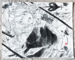  1girl ascot collared_shirt commentary_request crystal crystal_wings fangs flandre_scarlet frilled_shirt_collar frilled_skirt frills greyscale hat hat_ribbon highres hisona_(suaritesumi) holding holding_weapon laevatein_(touhou) looking_at_viewer mob_cap monochrome one_side_up open_mouth photo_(medium) puffy_short_sleeves puffy_sleeves ribbon shirt short_sleeves skirt smile solo touhou traditional_media vest weapon wings 